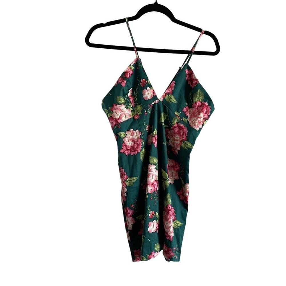 Forever 21 Women M Green W/Pink Floral Spaghetti Strap Bodycon Short Dress NWT